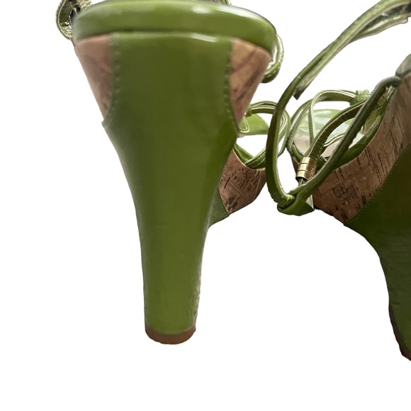 Ana Lime Green and Brown Color Block Summer Ankle Strap High Heel Wedge Sandals - Picture 8 of 15